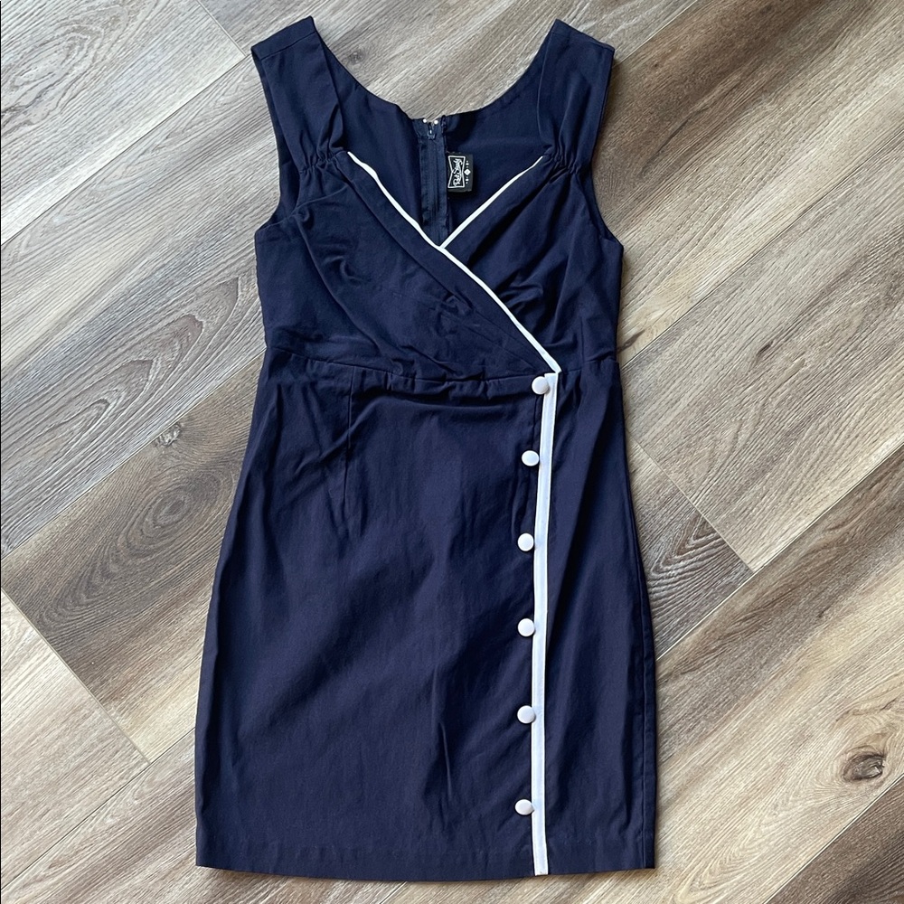 RockSteady Navy Dress with White Button Detail Pinup